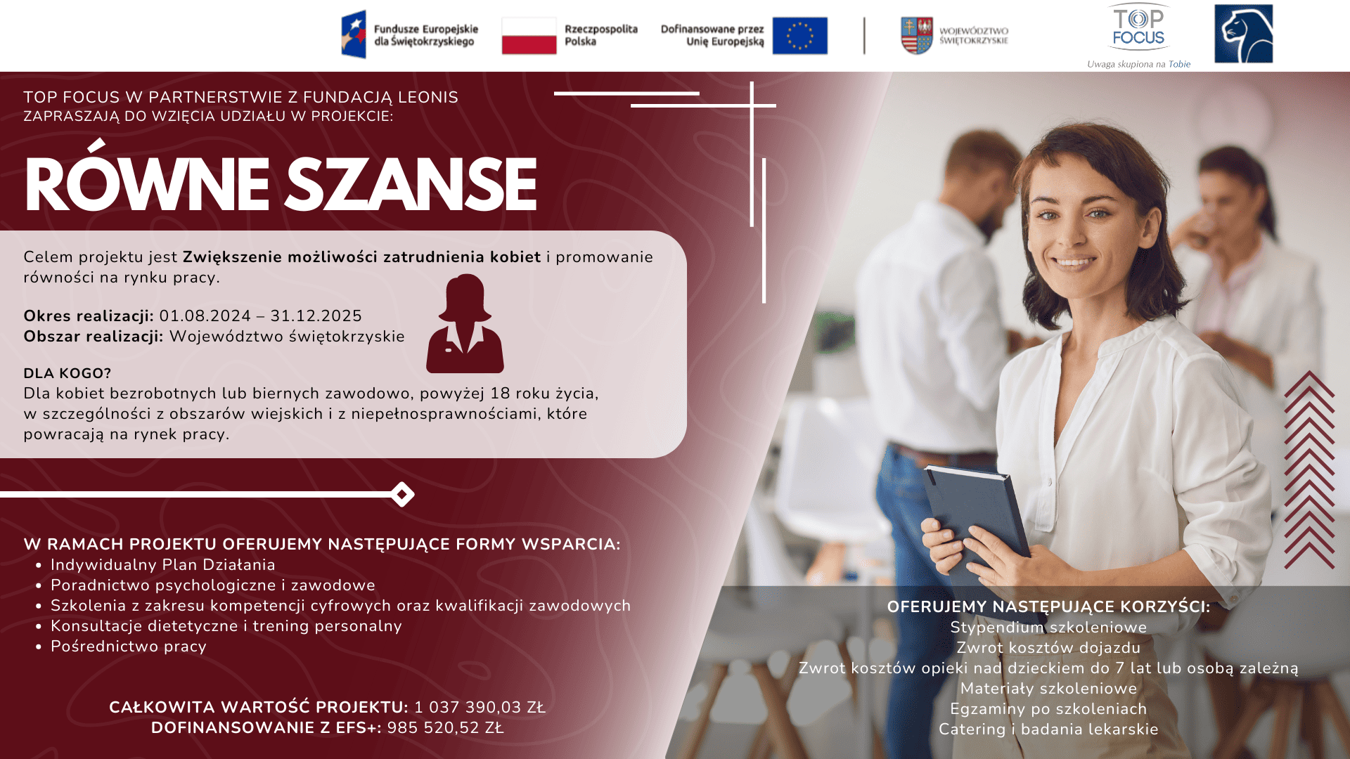 Plakat projektu "równe szanse" przedstawiający młodą, uśmiechniętą kobietę w biurze oraz informacje o projekcie.