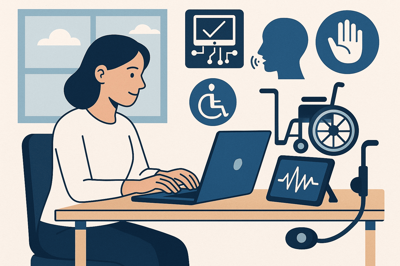 Kobieta pracująca przy laptopie i ikony związane z dostępnością
