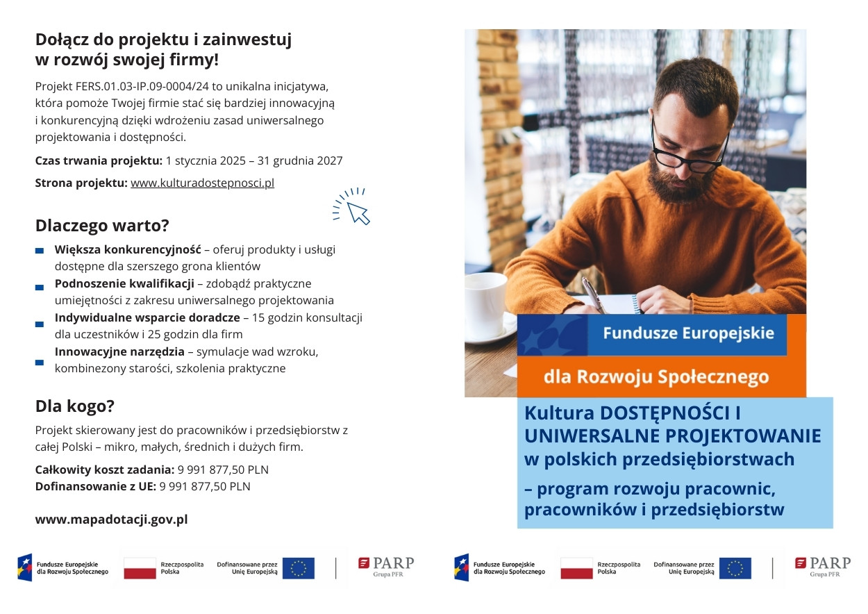 Ulotka projektu "Kultura dostępności i uniwersalne projektowanie"
