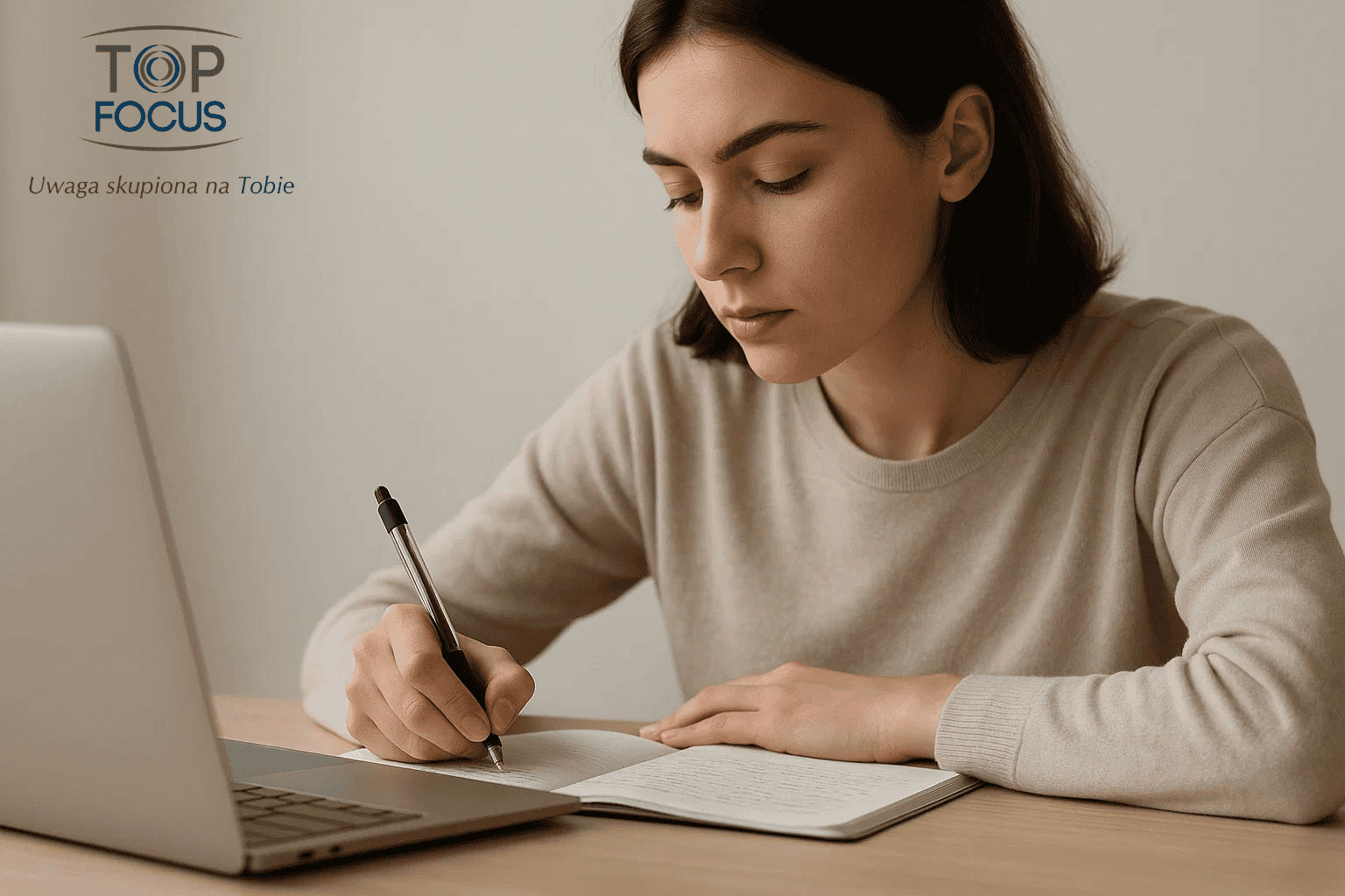 Dziewczyna ucząca się przy zeszycie i laptopie