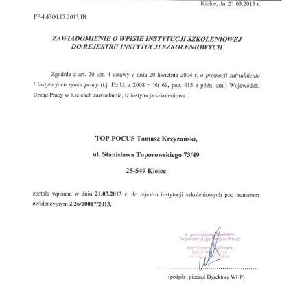 Wpis do Rejestru Instytucji Szkoleniowej. Kliknij aby powiększyć